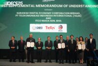 Penandatanganan Memorandum of Understanding (MoU) antara PT Telekomunikasi Indonesia International (Telin), Sarawak Digital Economy Corporation Berhad (SDEC), dan ITCO Niaga Sdn Bhd (ITCO) untuk bekerja sama dalam perencanaan dan pengembangan sistem kabel laut Indonesia Cable Express II (ICE II) pada acara pembukaan International Digital Economy Conference Sarawak (IDECS) 2025, pada Rabu (22/10) di Borneo Convention Centre Kuching (BCCK).