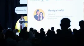Menkomdigi Meutya Hafid saat memberikan sambutan dalam acara kelulusan Program Google for Startups Accelerator di Garuda Spark Innovation Hub Jakarta, Jakarta Pusat, Selasa (24/02/2026). Foto: Anhar/Komdigi