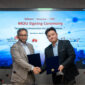 Penandatanganan Nota Kesepahaman (MoU) oleh Direktur Strategic Business Development & Portfolio Telkom Seno Soemadji (paling kiri) dan CEO NeutraDC Group Andreuw Th.A.F. (kedua dari kiri) dengan Director Huawei Chi Kaichao (kedua dari kanan).