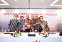 (kiri ke kanan) Direktur Keuangan & Manajemen Risiko Telkom Arthur Angelo Syailendra, Direktur Network Telkom Budi Satria Dharma Purba, Direktur Utama Telkom  Nanang Hendarno, Direktur Legal & Compliance Telkom Andy Kelana, Direktur Strategic Business Development & Portfolio Telkom  Seno Soemadji, dan Direktur Human Capital Management Telkom Willy Saelan usai rangkaian agenda Rapat Umum Pemegang Saham Luar Biasa (RUPSLB) Telkom, Rabu (30/9).
